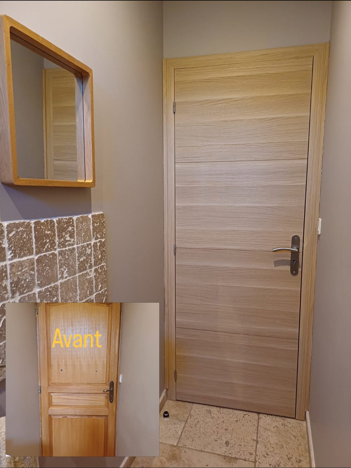 Porte intérieure en bois et faïence, menuiserie sur-mesure